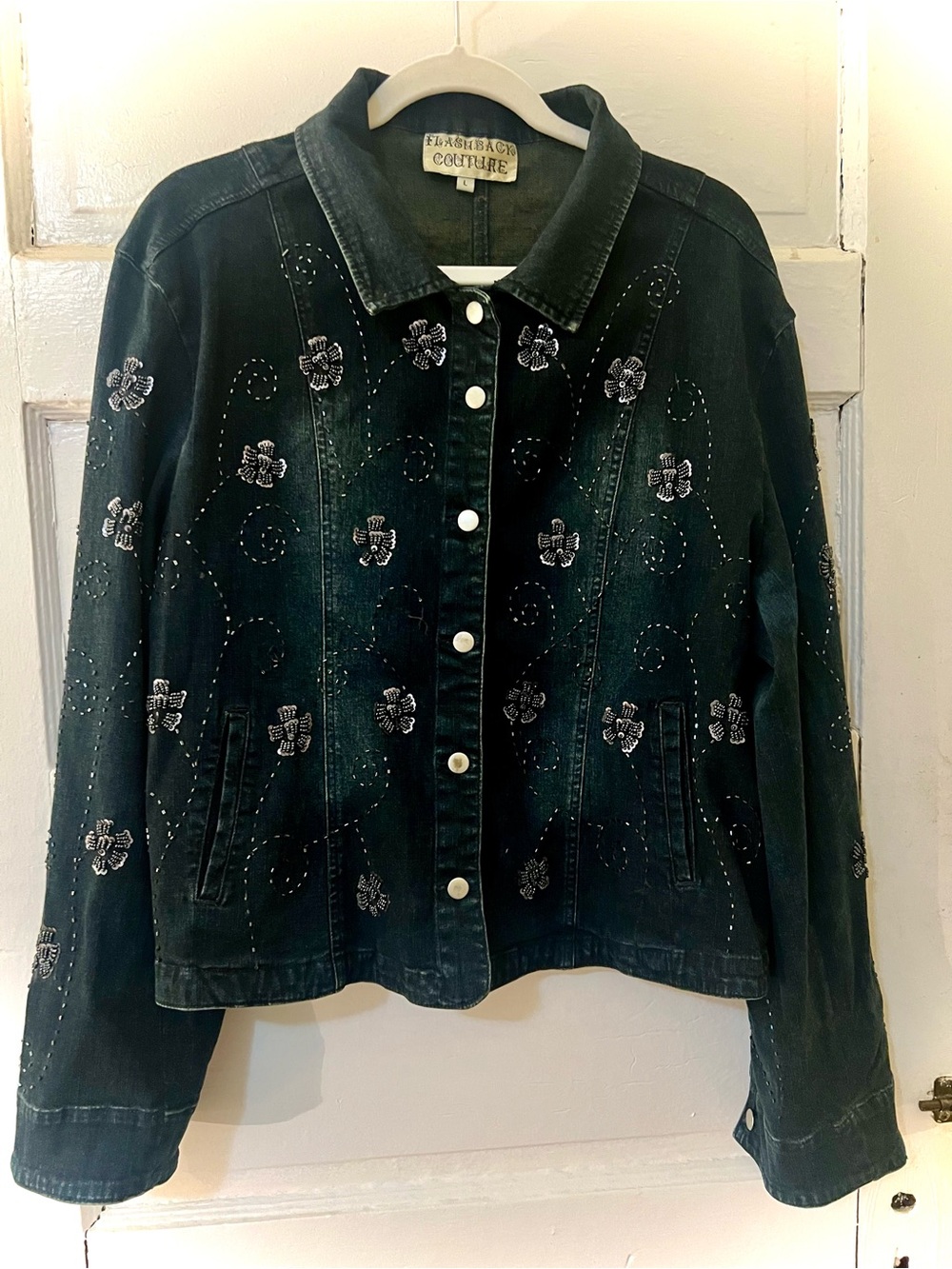 Vintage Dark Wash Denim Jacket with Floral Sequin & Bead Embroidery